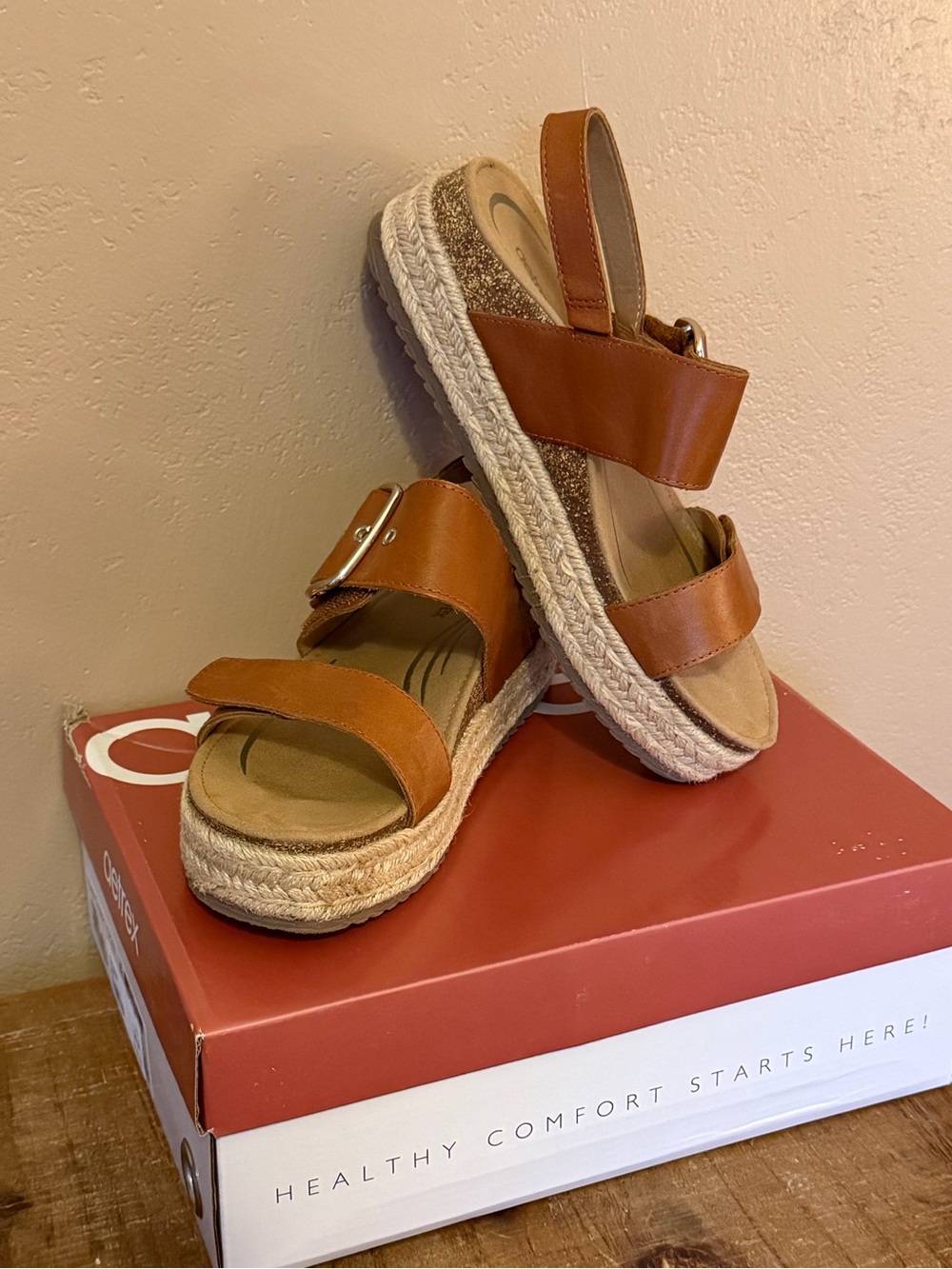 Aetrex Cognac Tan Espadrille Platform Sandals